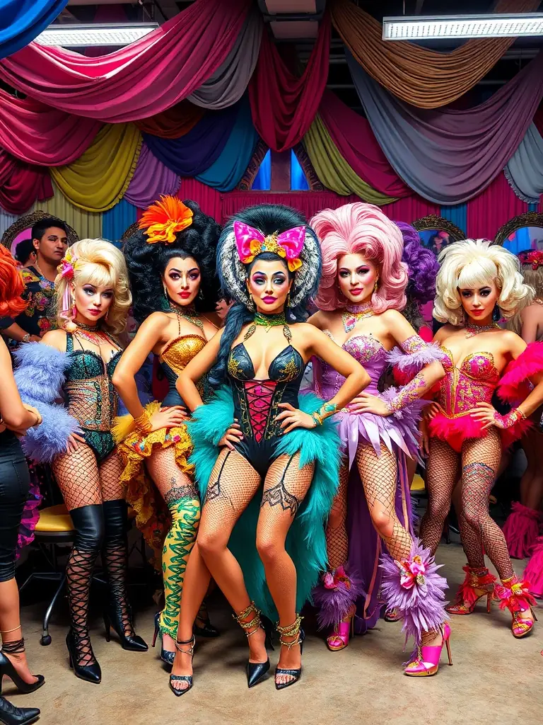 A colorful image of participants in drag attire, showcasing their creativity and confidence during a workshop, with bold makeup and elaborate costumes.