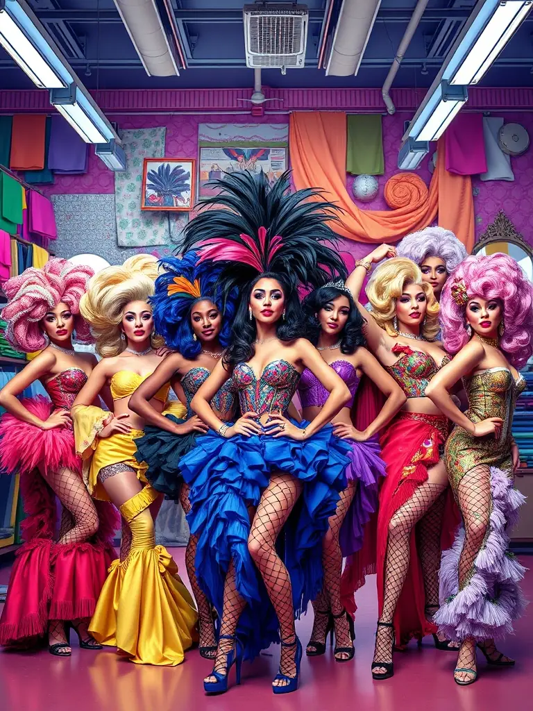 A colorful image of participants in drag attire, showcasing their creativity and confidence during a workshop.