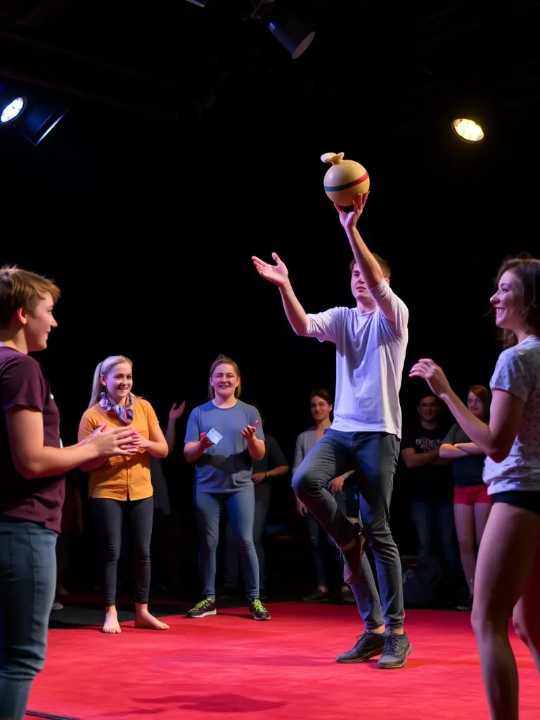 A vibrant image of participants engaged in a circus arts workshop, showcasing their skills and enthusiasm.