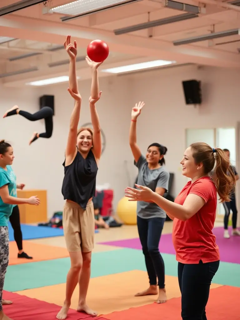 A vibrant image of participants engaged in a circus arts workshop, showcasing their skills and enthusiasm, with bright lighting and dynamic poses.