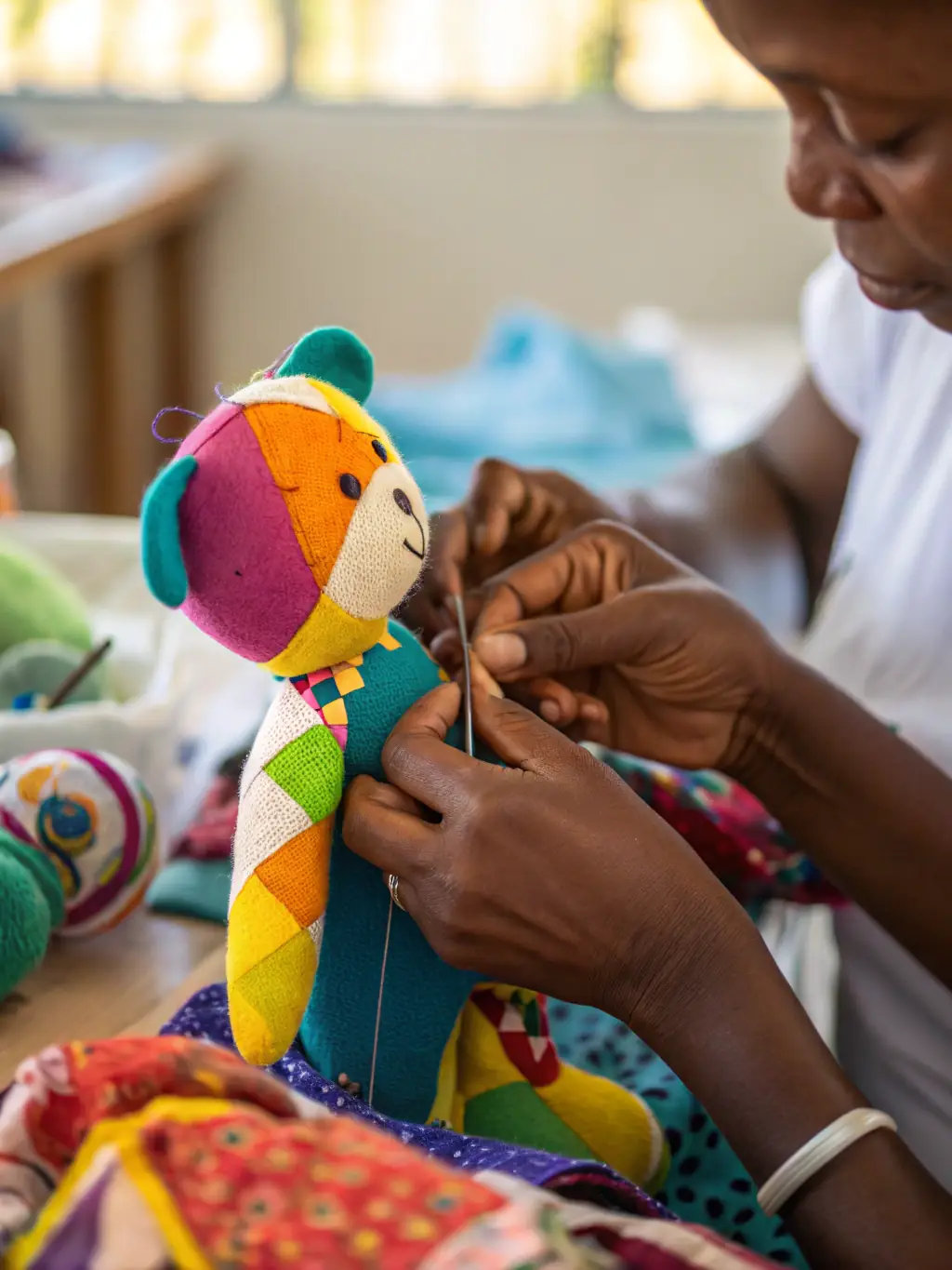 An engaging image of participants sewing and creating their own designs in a workshop setting, with a focus on detail and craftsmanship.