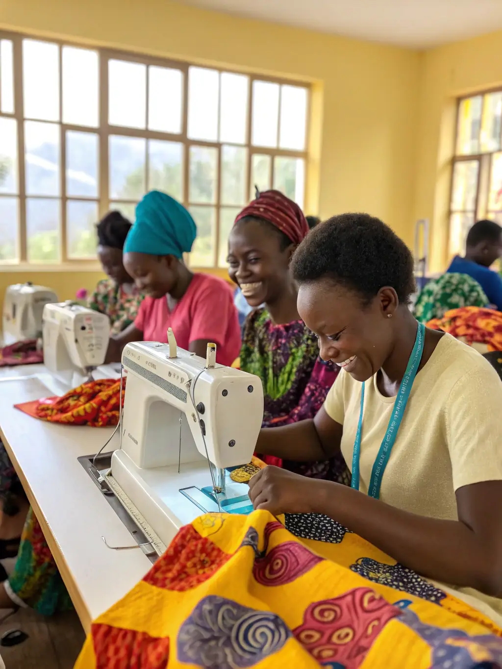An engaging image of participants sewing and creating their own designs in a workshop setting.