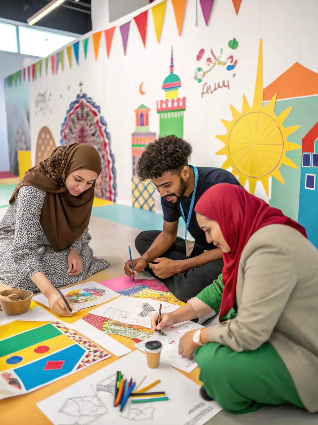 A group of diverse individuals participating in a collaborative art project, showcasing the multidisciplinary artistic practices encouraged by Maison de La.