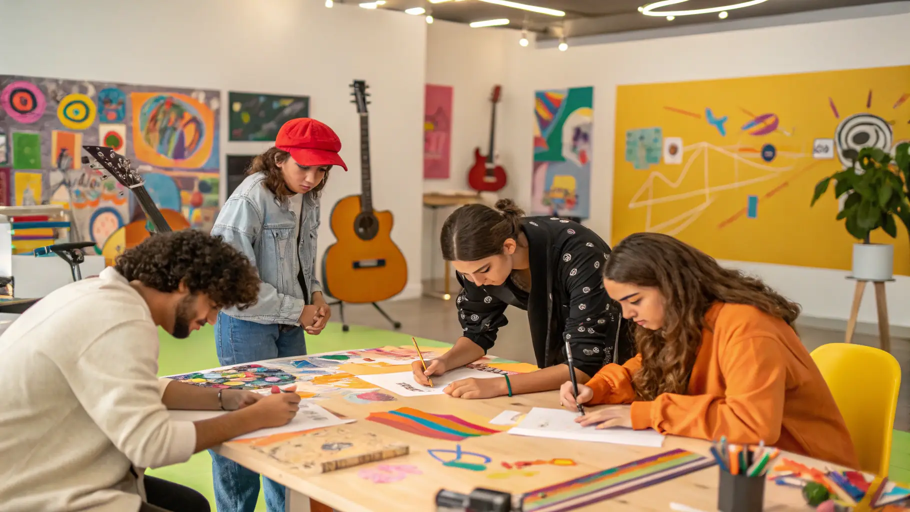 A group of young people participating in an arts workshop, smiling and engaged in creative activities.